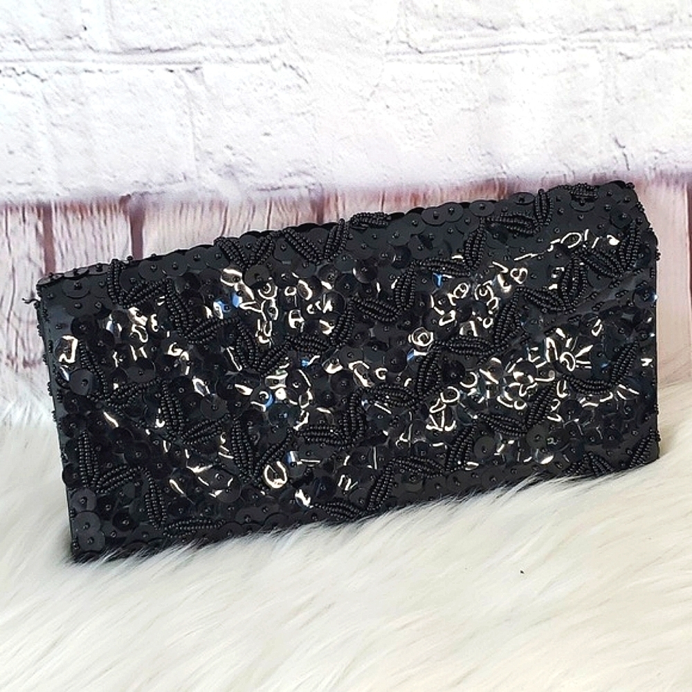 Vintage Full Sequin Beaded Black Flapper Style Clutch Wallet Gothic Hong Kong - Picture 3 of 14